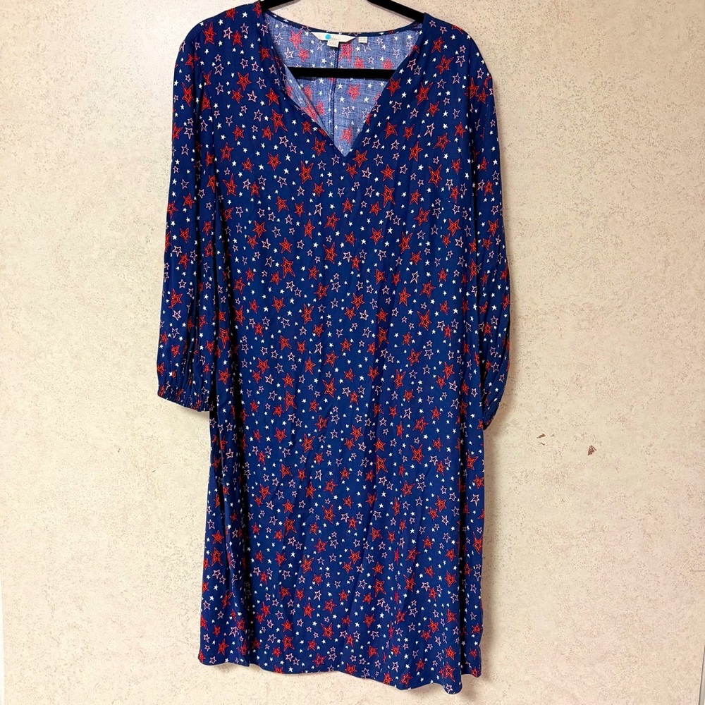 BODEN 14L WOMENS NAVY BLUE STARS VISCOSE SOFT‎ COZY LONG SLEEVE STRAIGHT DRESS